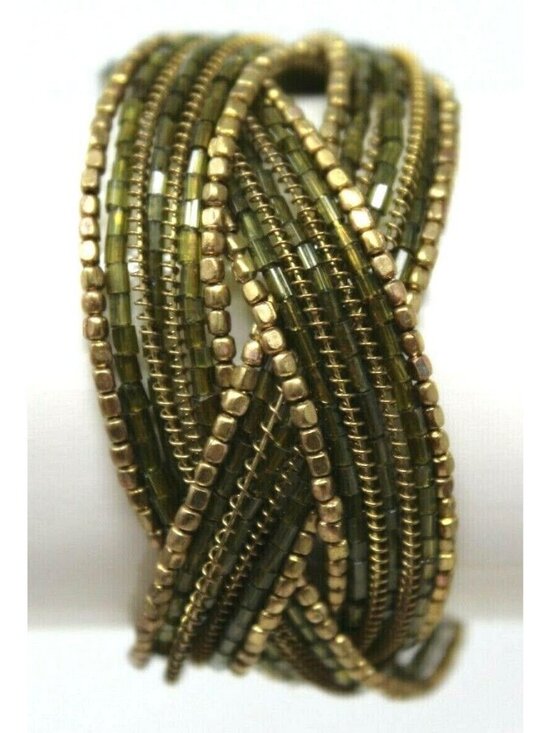 Unbranded Jewelry - Shades of Brown & Green Bead Braided Flexible Wide Cuff Bracelet 7 1/2" L #J-7WP